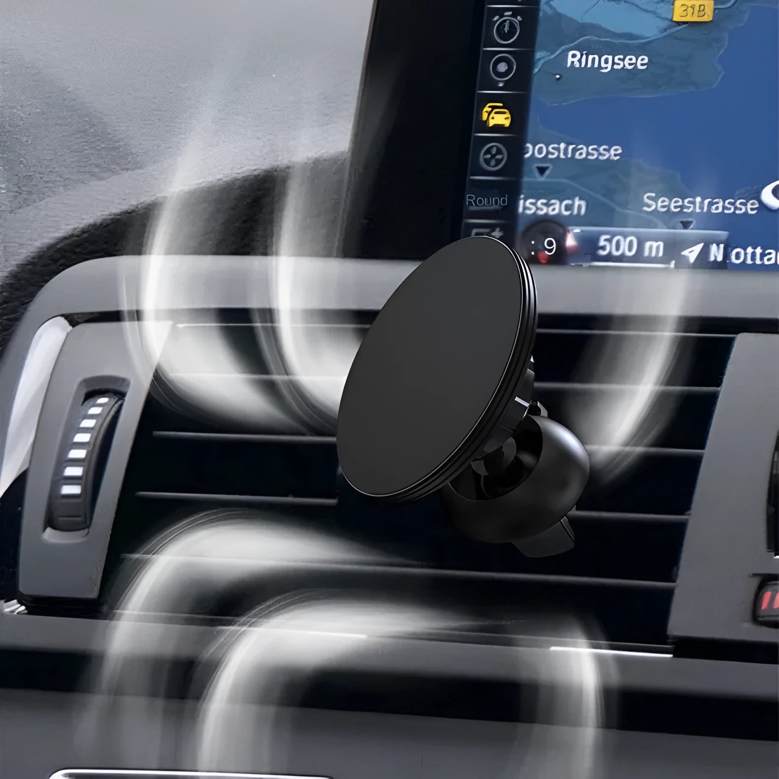 Black aluminium alloy magnetic car air vent mobile phone holder showing 360° rotation