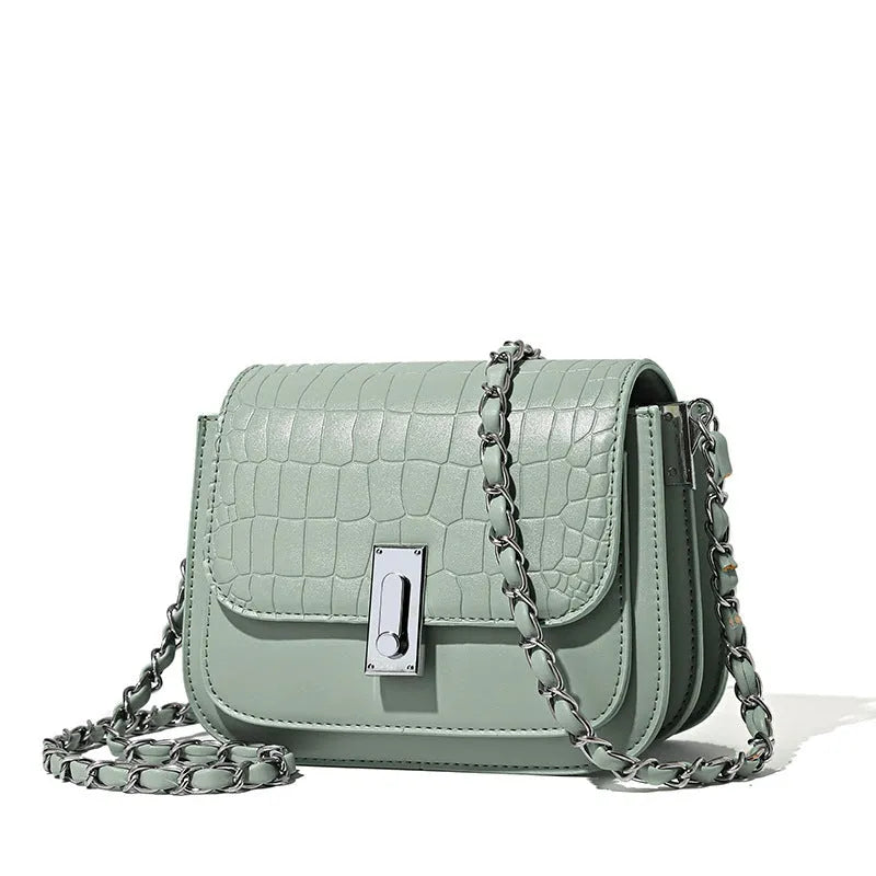 Soft black PU chain shoulder bag with sandwich pocket front and decorative sewing thread details