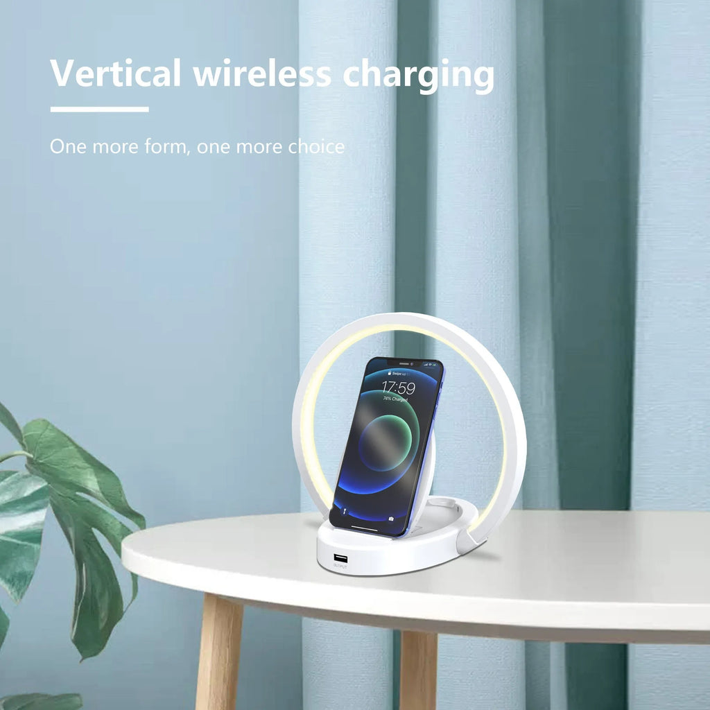 Night light lamp Bluetooth speaker table light with 10W wireless charger USB port phone holder in black finish