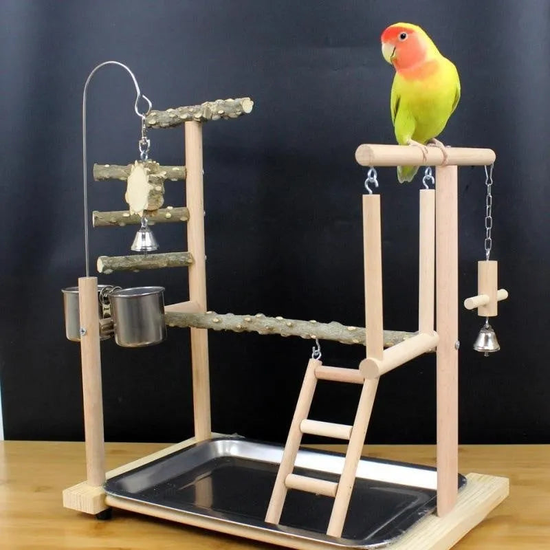 Natural pepper wood parrot play stand with multiple perches and an attached toy rack.