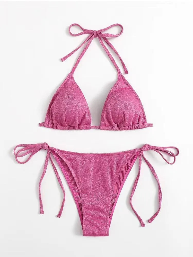 Women's bandage bikini swimsuit set in polyester available in six colours with detailed sizing chart
