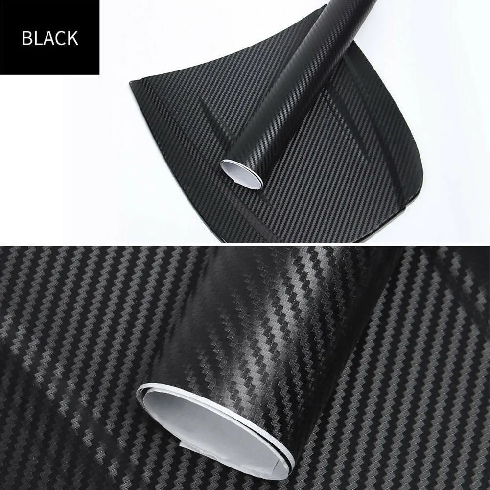 Roll of 3D carbon fibre car sticker in multiple colour options showing dimensions