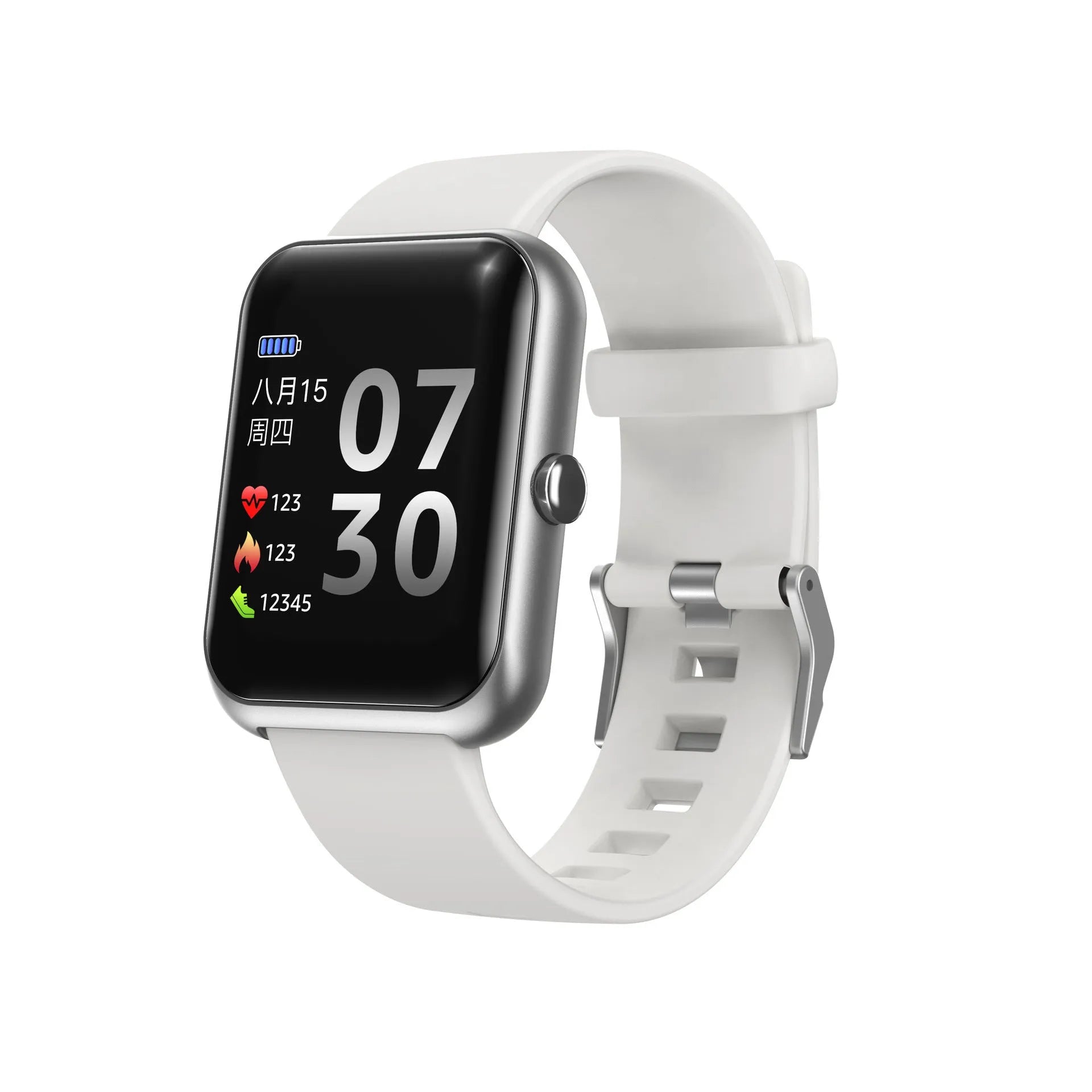 Square smartwatch with silicone strap and aluminium case in multiple colours