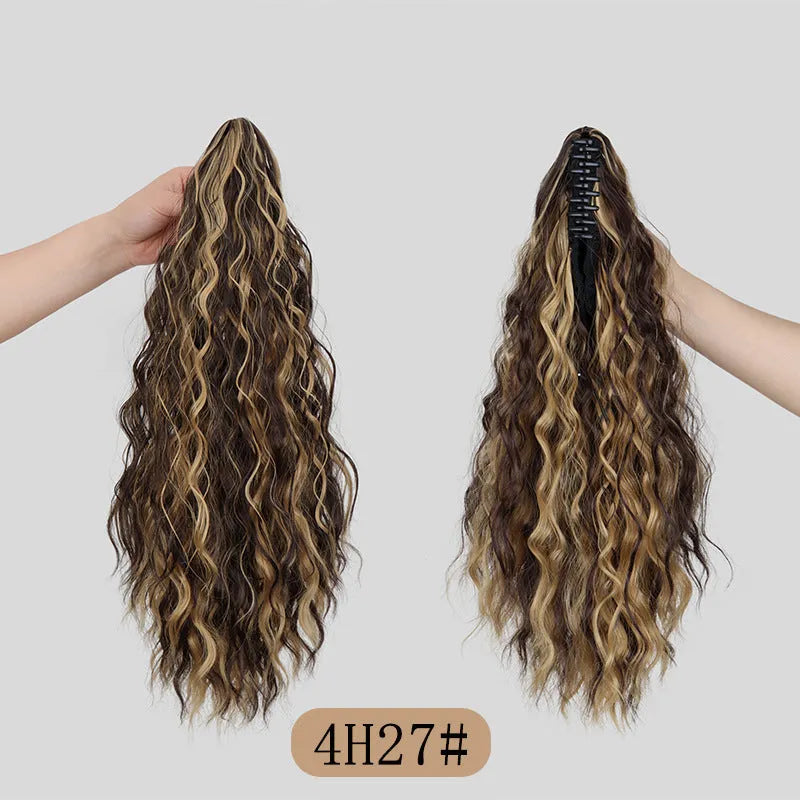 A corn curl ponytail wig with a water ripple grip texture, shown in a dark brown 1B colour, featuring a hair clip attachment.