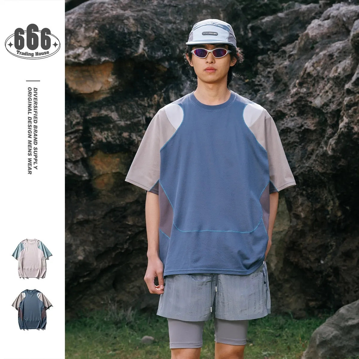 Men's loose blue patchwork sports t-shirt with short raglan sleeves on a mannequin