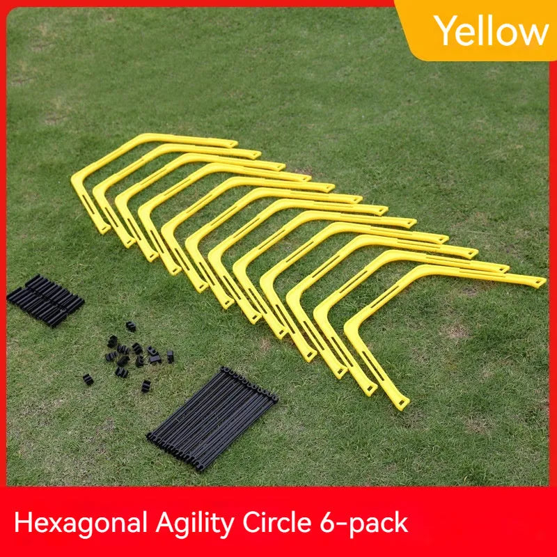 Six foldable hexagon agility training rings in green, orange, and yellow colours for football drills.