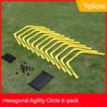 Six foldable hexagon agility training rings in green, orange, and yellow colours for football drills.