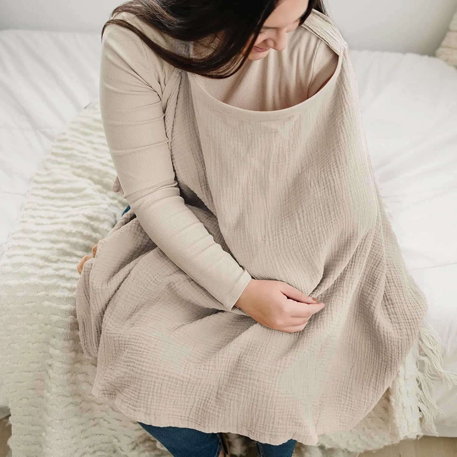 Breathable muslin nursing cover with rigid hoop for breastfeeding privacy