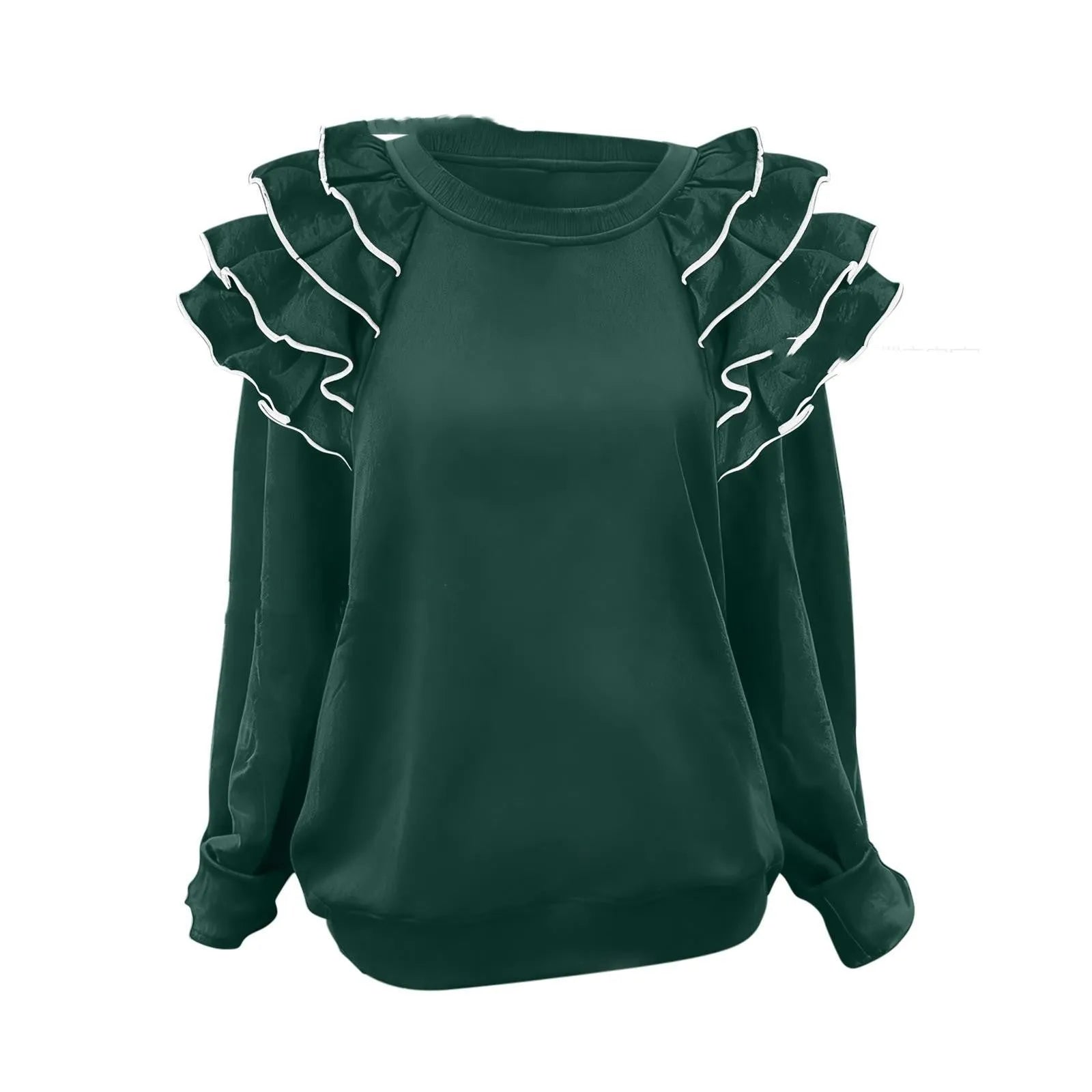 Women's polyester ruffle top in military green pullover style with regular sleeves