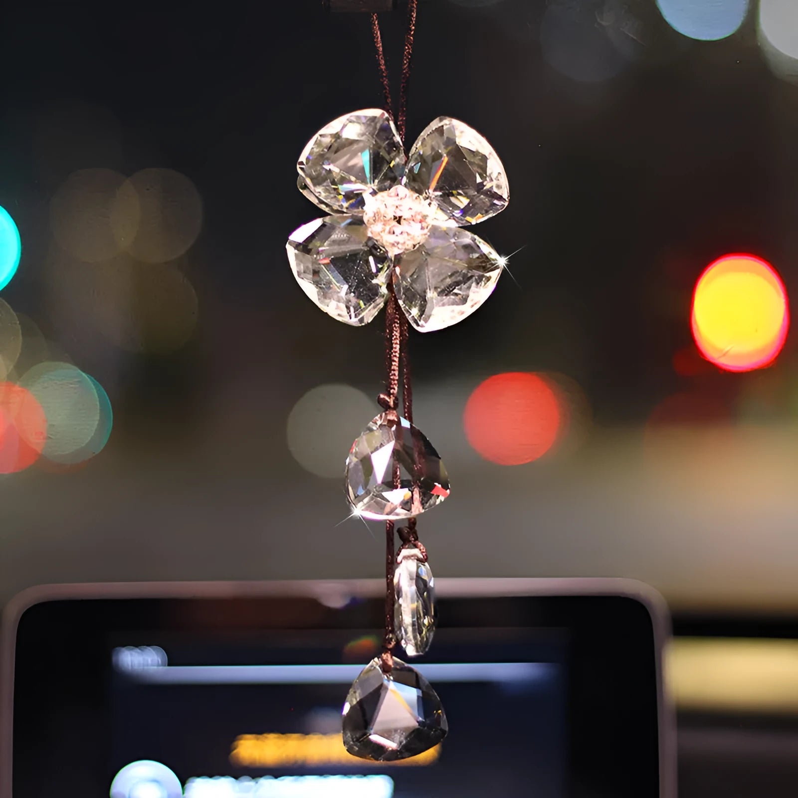 Crystal four leaf clover car pendant decoration approximately 20cm in transparent, champagne, black or shiny finish