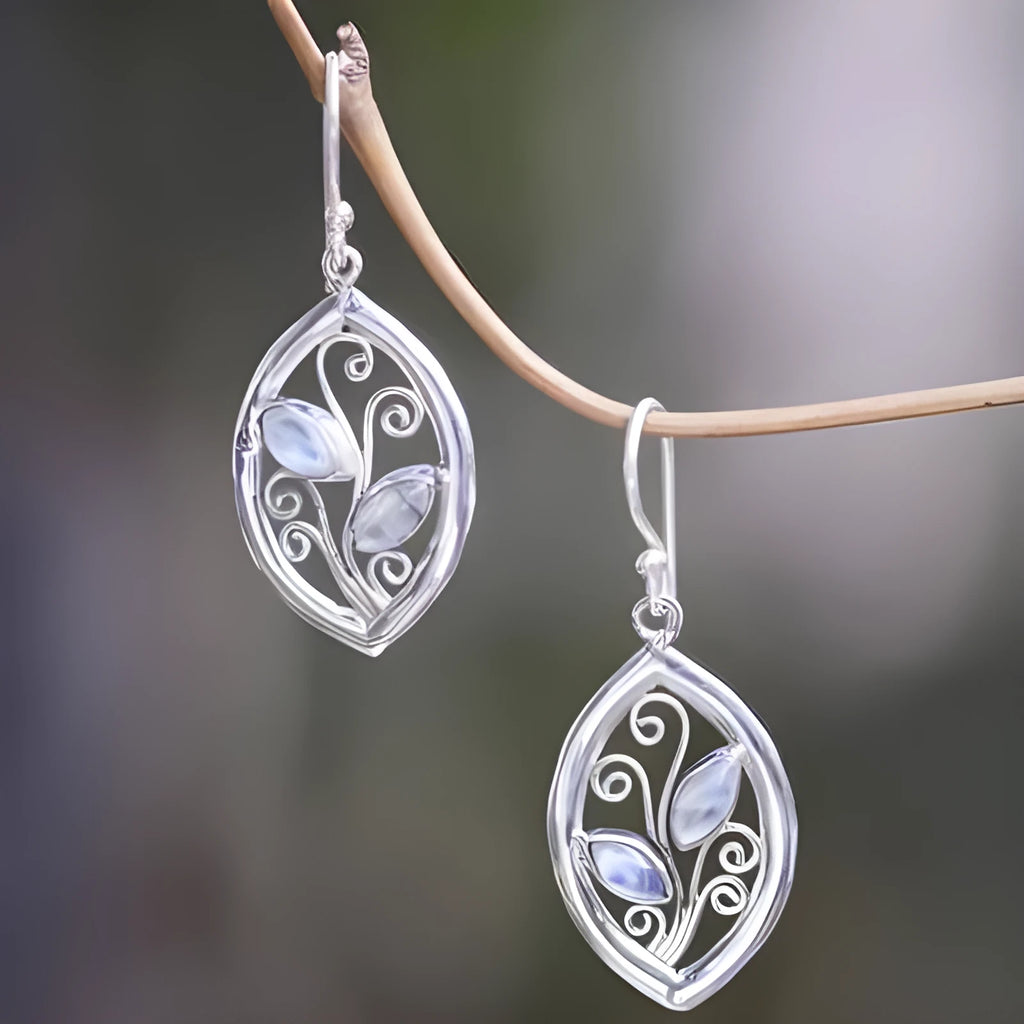 Silver-coloured leaf earrings with embedded colourful moonstones, drop design for women