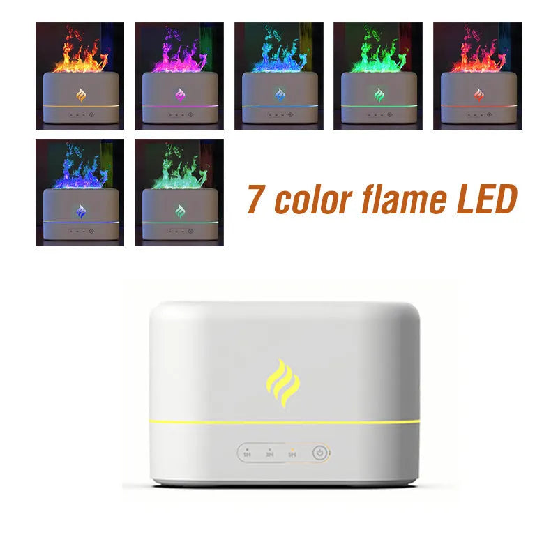 Black aromatherapy humidifier showing seven-colour flame lighting effect and emitting mist from a single outlet.