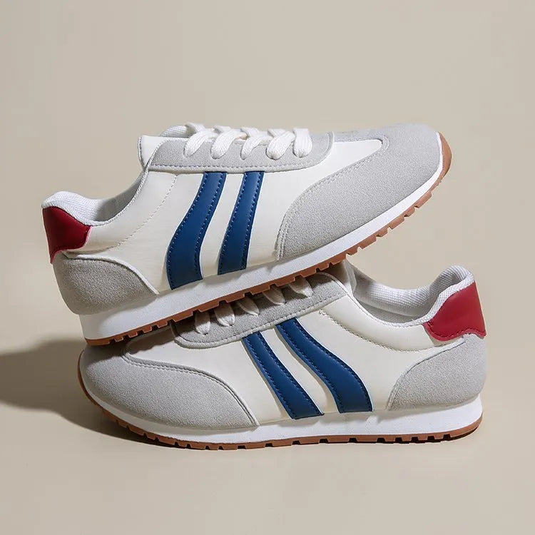 Blue and grey stripe sports shoes with rubber soles and round toe design