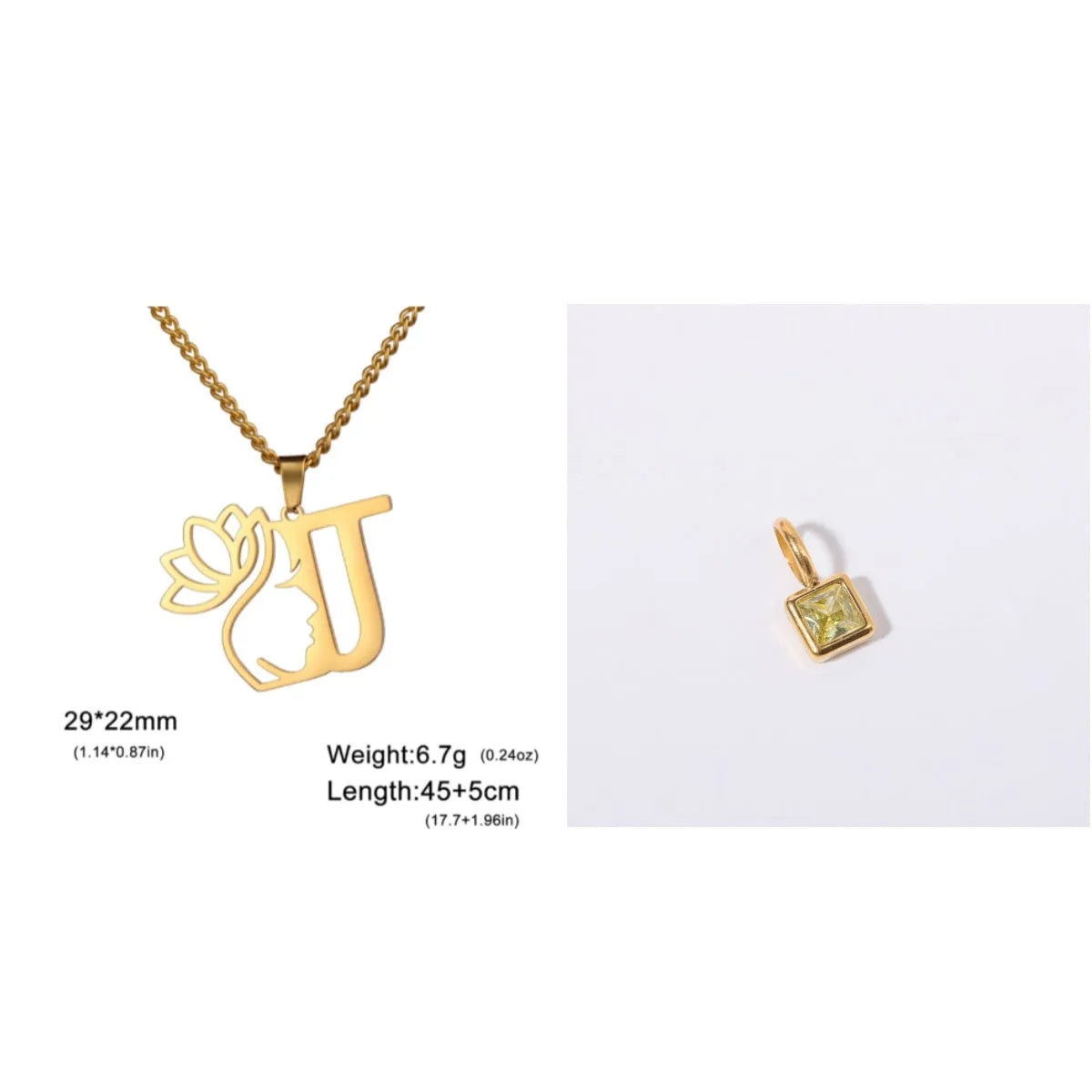 Stainless steel necklace with letter pendant on cross chain in gold or silver electroplated finish