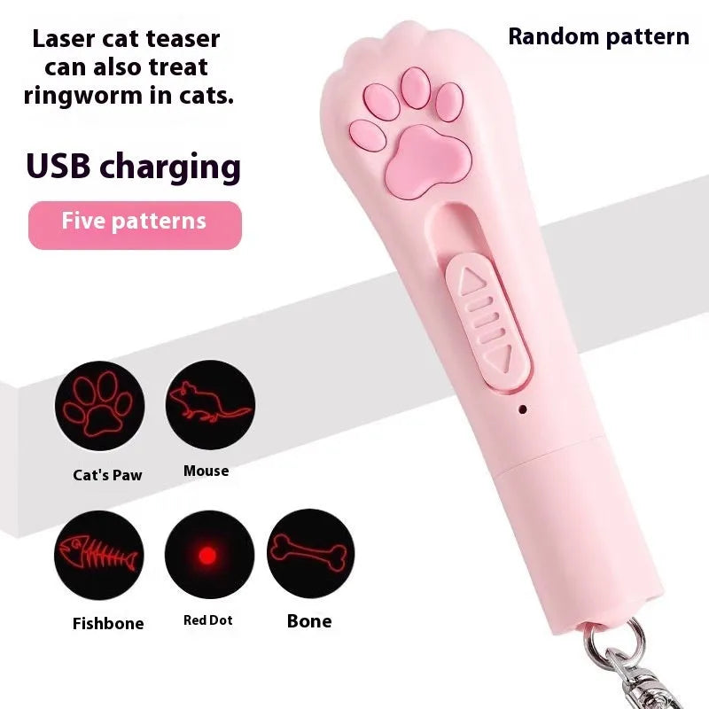 USB rechargeable cat laser pen toy in cream white, pink, and sky blue colours