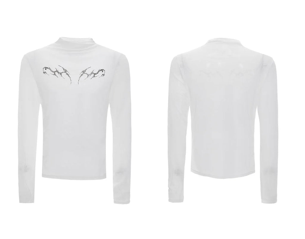Niche mesh ice-feeling slim bottoming shirt with long sleeves in trendy style, showing fabric texture and fit