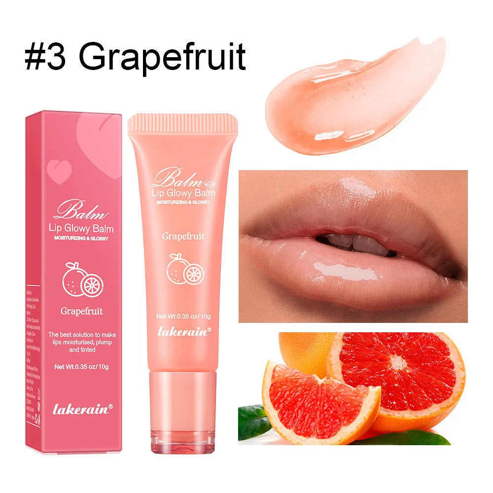 Women's lip gloss with four flavour options: berry, grape, grapefruit, and yellow peach