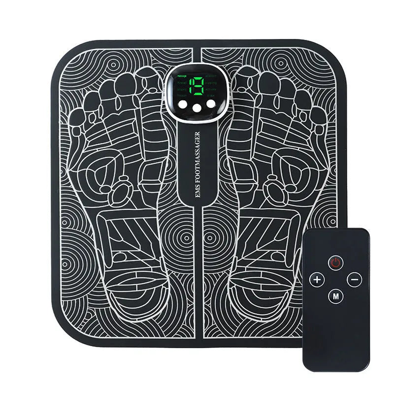Blue reflexology foot massager mat with USB charging cable and remote control