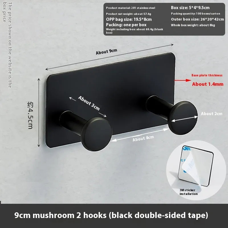 Iron wall-mounted coat hooks with adhesive backing in three sizes for no-drill installation