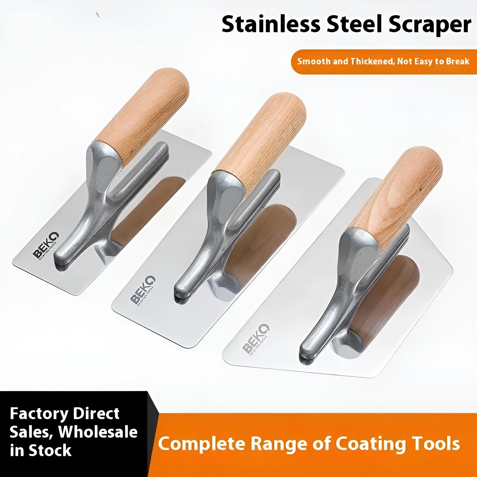 Stainless steel putty scraper with wooden handle for applying filler to walls and floors.