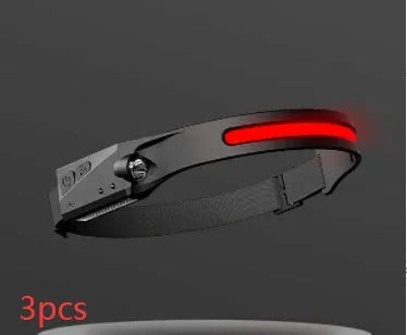 COB LED induction headlamp with wide beam and side LED for long-distance lighting, USB rechargeable, silicone build