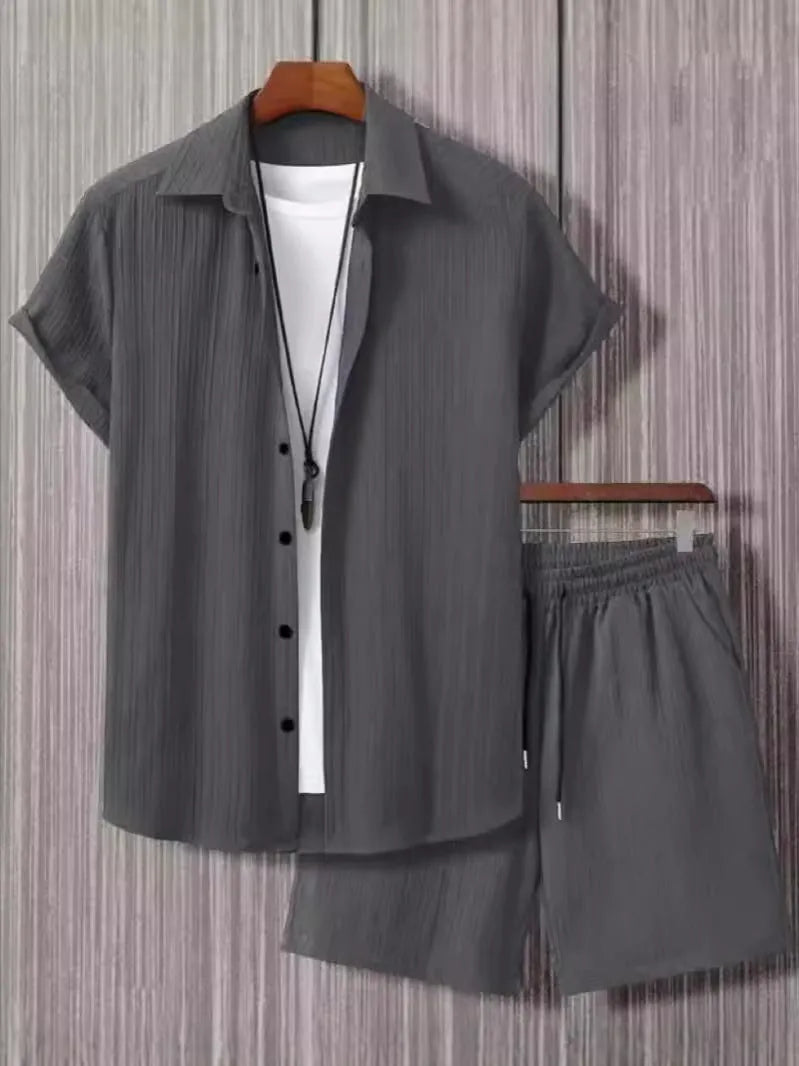 Men's jacquard pattern short sleeve shirt and matching shorts suit set in neutral colour