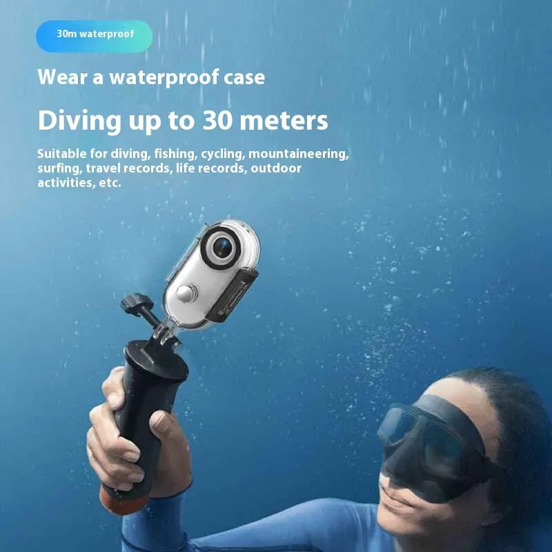 H88 thumb-sized 4K mini sports camera with magnetic mount and waterproof case on a black background