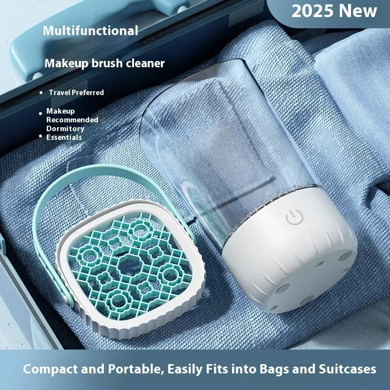 White rechargeable electric makeup brush cleaner with 24 cm plastic housing and USB cable