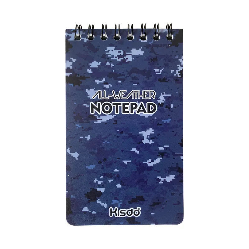 Spiral-bound waterproof office notepad showing stone paper pages and PP cover in camouflage pattern