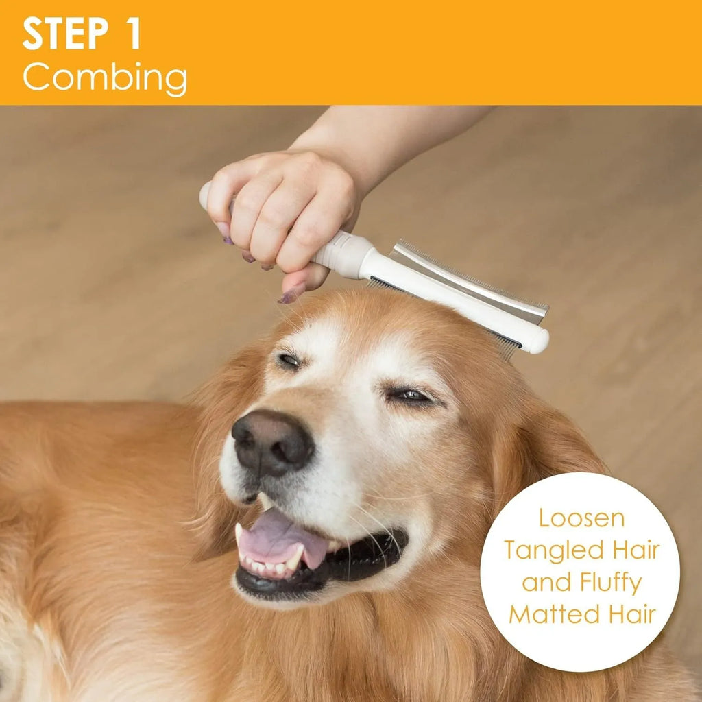 White 2-in-1 dog and cat deshedding brush and grooming comb with curved comb side and ergonomic handle.