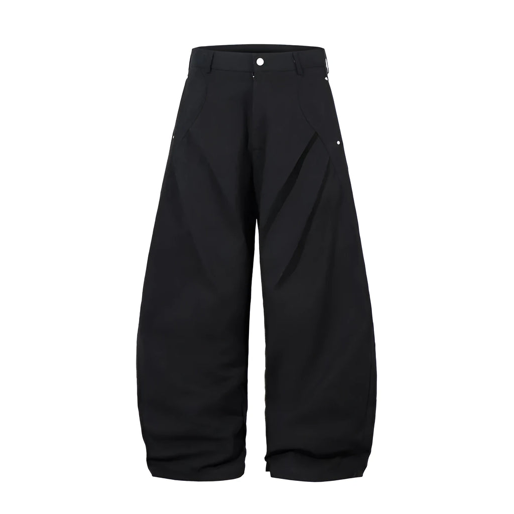 Black men's loose-fitting cotton pleated trousers with a wide-leg casual style.
