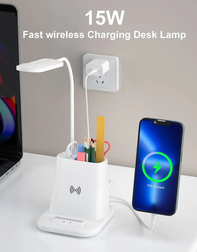 Modern desk lamp with wireless charging pad, pen holder compartments, and storage box