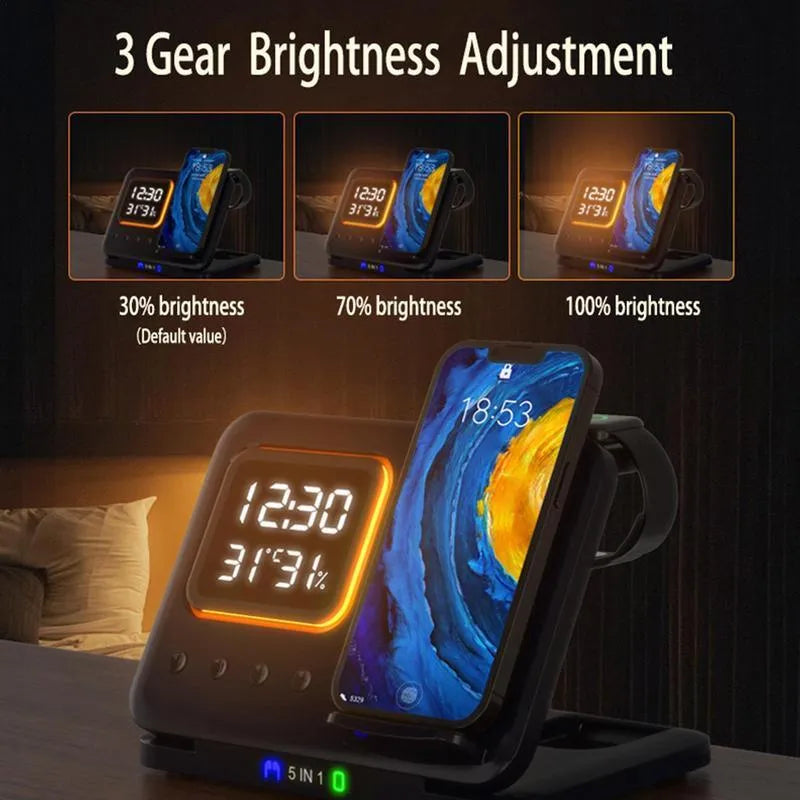 Black 15W wireless charging dock station showing phone, watch and headphones charging, with LED digital clock display.