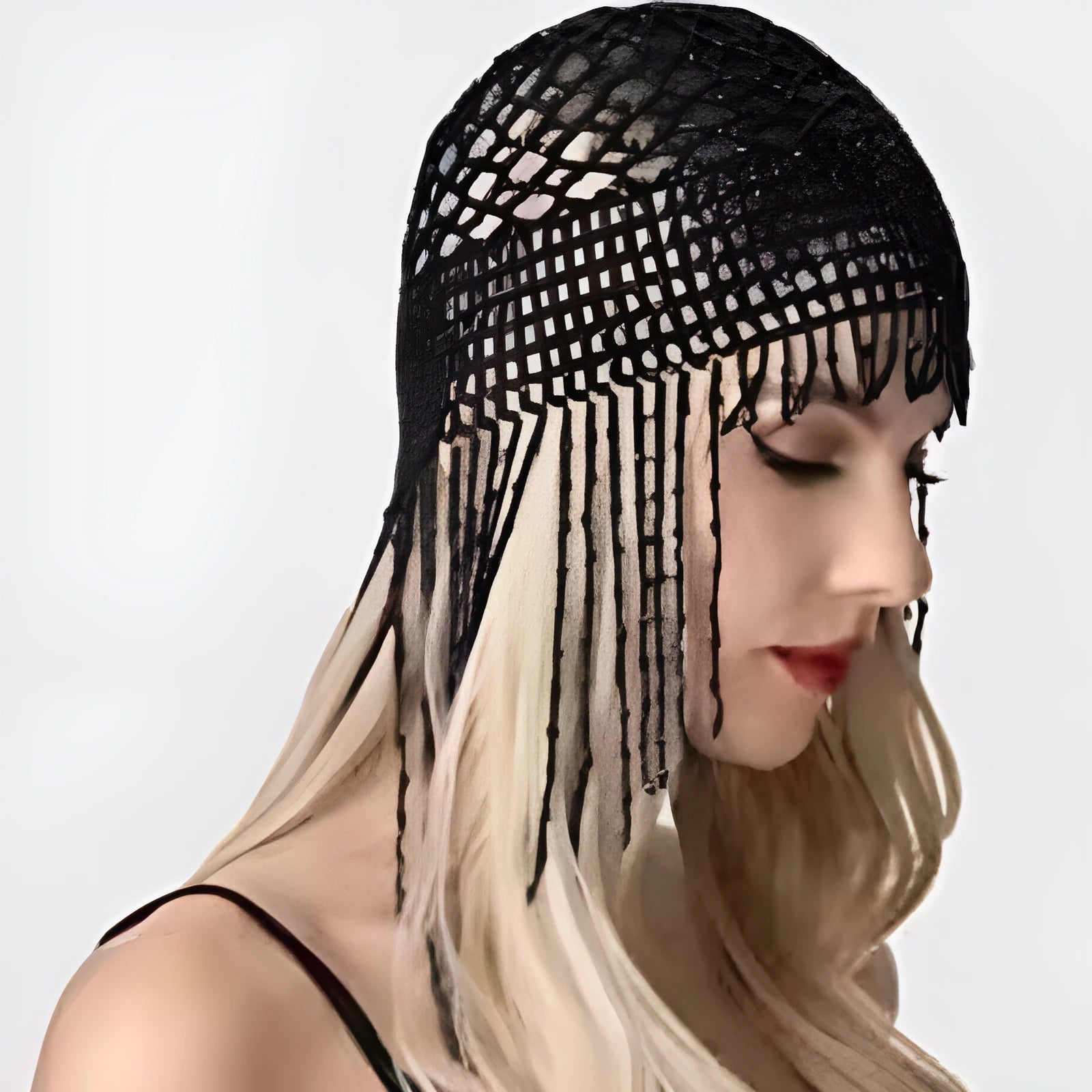 Handmade beaded belly dance head ornament with tassel on alloy mesh, in silver or black.