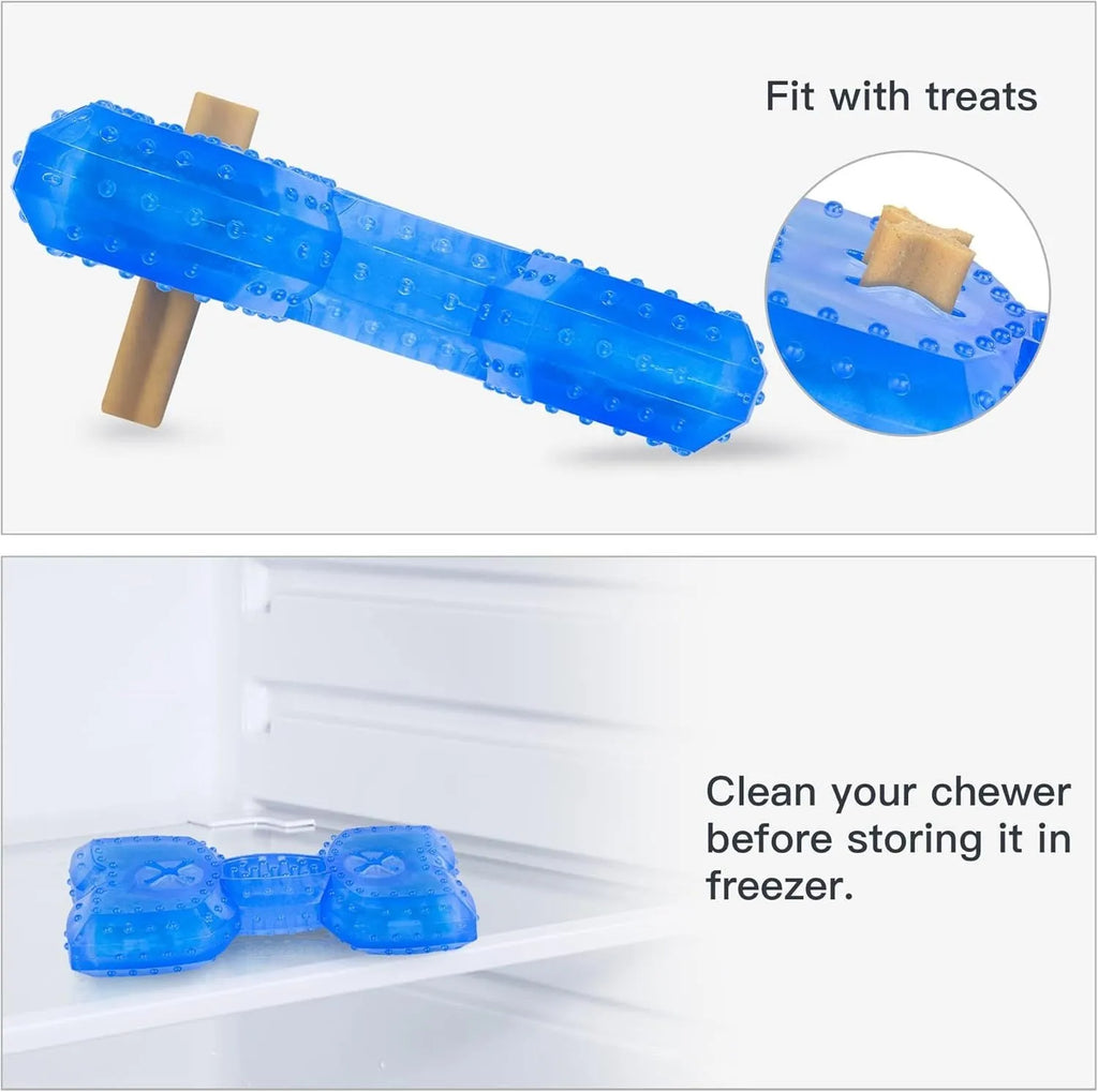 Freezable dog teething toy in bones and circles shapes with treat pocket