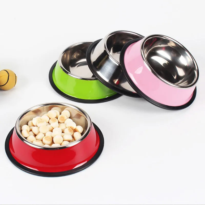 Stainless steel pet bowl with colourful melamine outer pot showing non-slip rubber base
