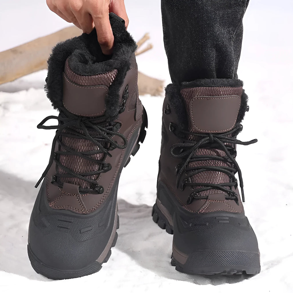 Black plus size men's high-top boots with fleece lining and front lace-up closure on a flat TPR sole.