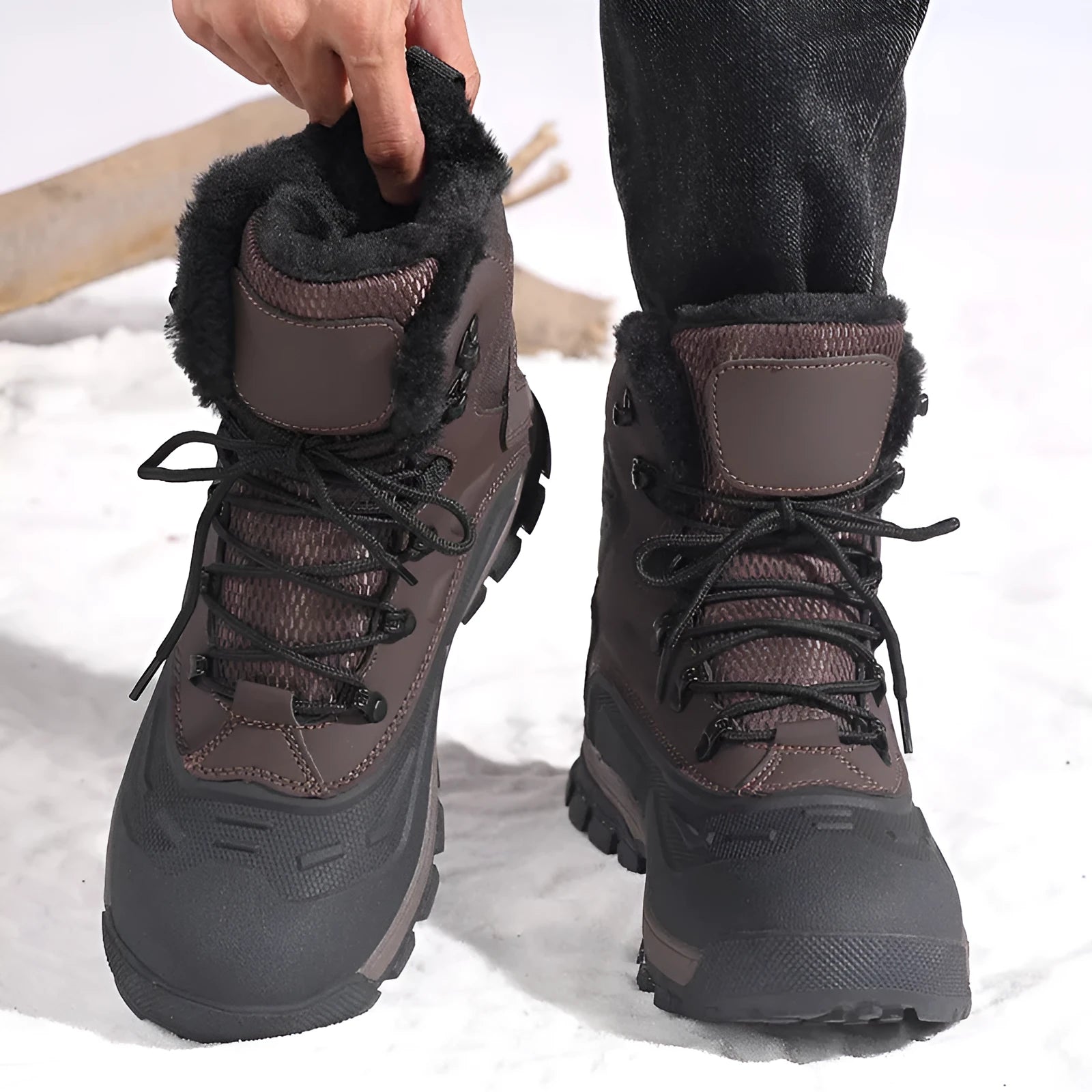 Black plus size men's high-top boots with fleece lining and front lace-up closure on a flat TPR sole.