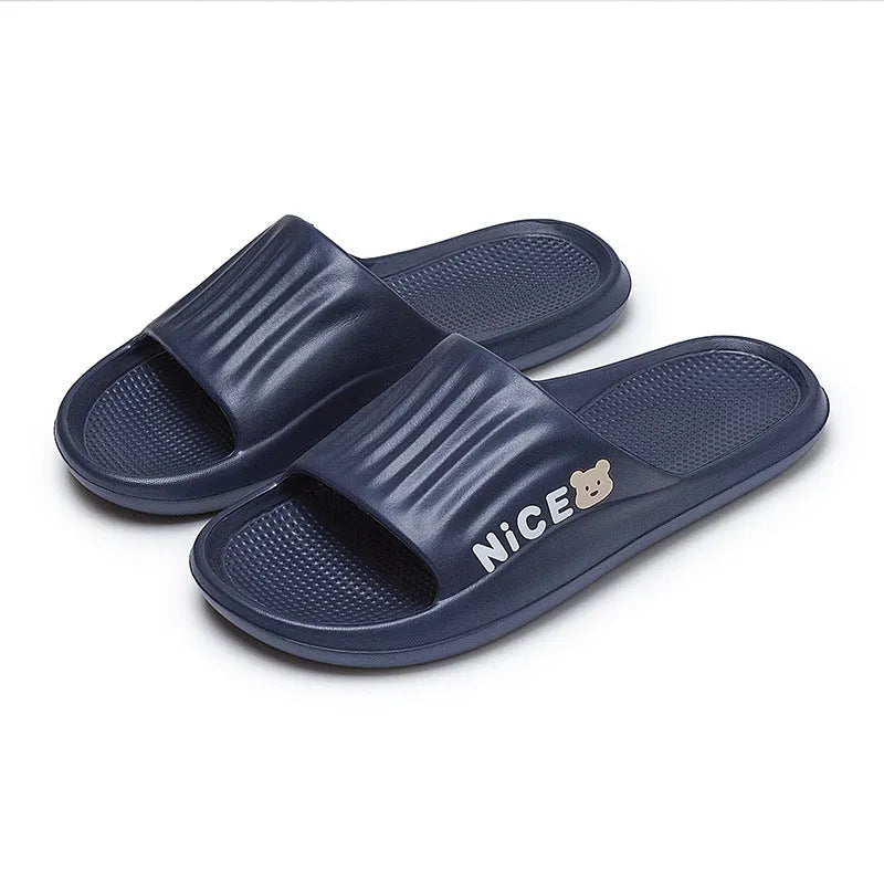 Cartoon pattern EVA flip flop slippers available in six colours for adult bathroom use