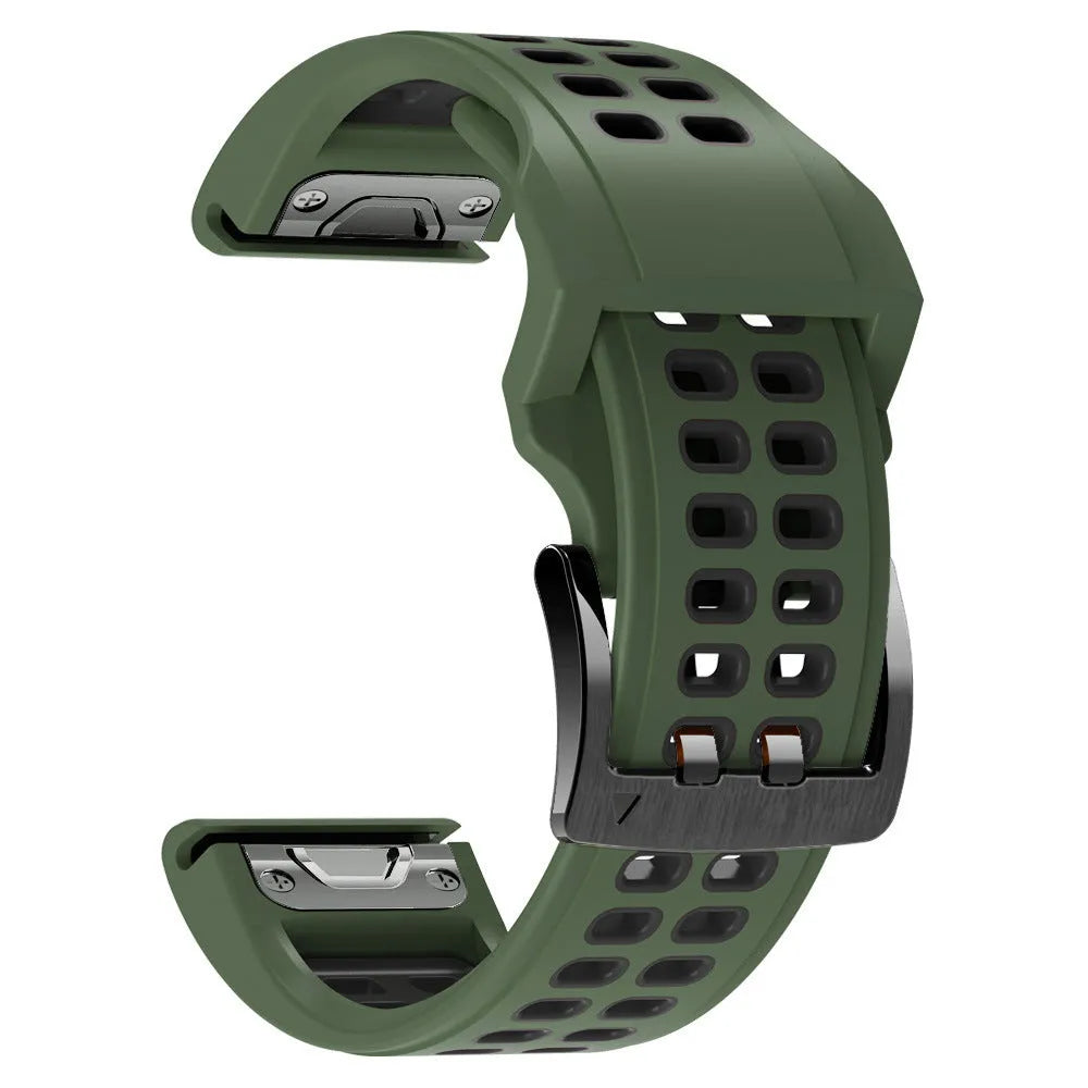 Quick release two-tone silicone watch strap shown in Army Green Black colour with pin buckle.