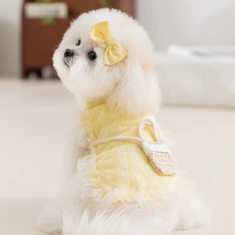 Small dog wearing two-tone blue country costume with ruffles, matching bow, and small woven crossbody bag