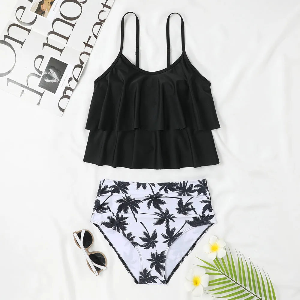 High waist double-layer printed swimsuit in polyester fabric with Black and Coconut Tree colour options