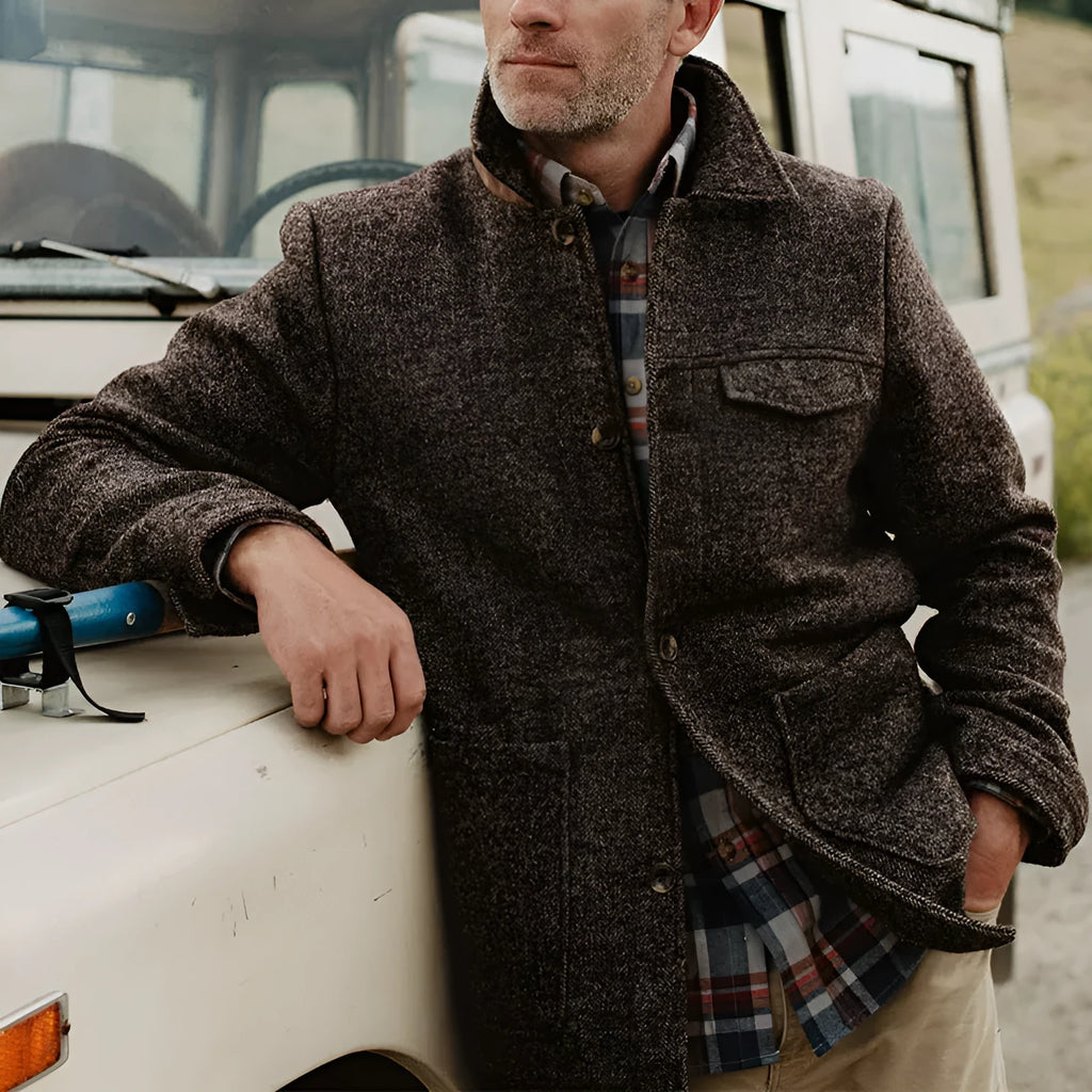 Brown casual fashion polo collar woolen jacket for men long sleeve polyester fibre