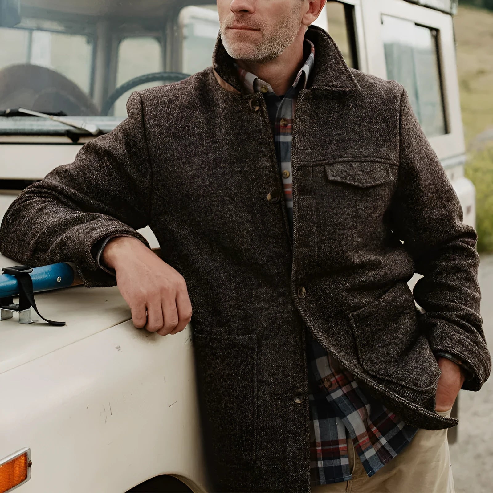 Brown casual fashion polo collar woolen jacket for men long sleeve polyester fibre