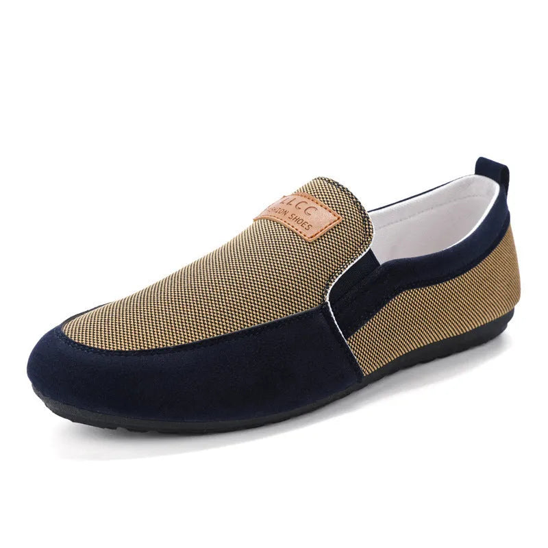Men's grey and khaki canvas casual shoes with round toe design and rubber soles