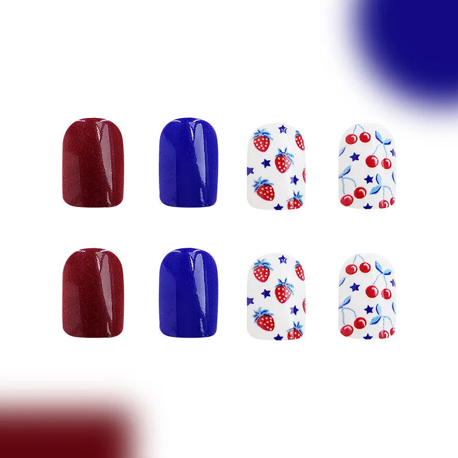 Short glossy red and blue nail stickers with strawberry and cherry patterns for Independence Day