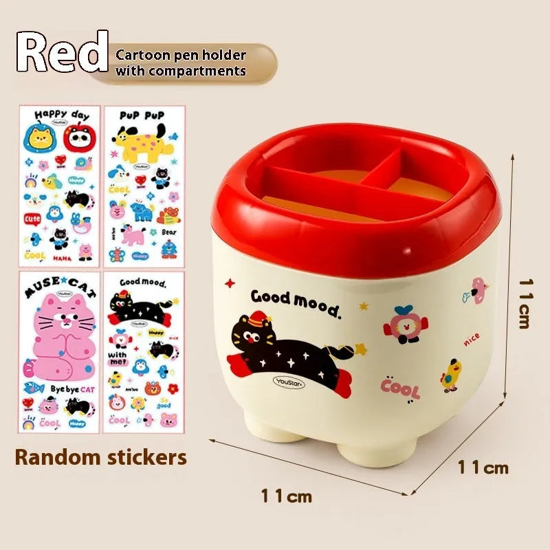 Cartoon-style red and brown plastic desktop storage box with grid compartments for organising pens and stationery.