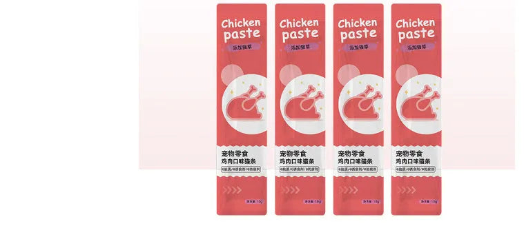 Pack of 10 soft moist cat treat strips in four flavour varieties.