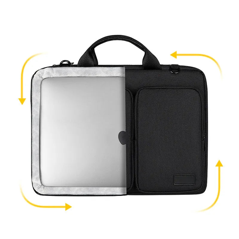 Shock proof shoulder laptop bag in solid colour with polyester shell and zipper closure