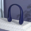 Blue USB rechargeable bladeless neck fan with adjustable wind speed settings